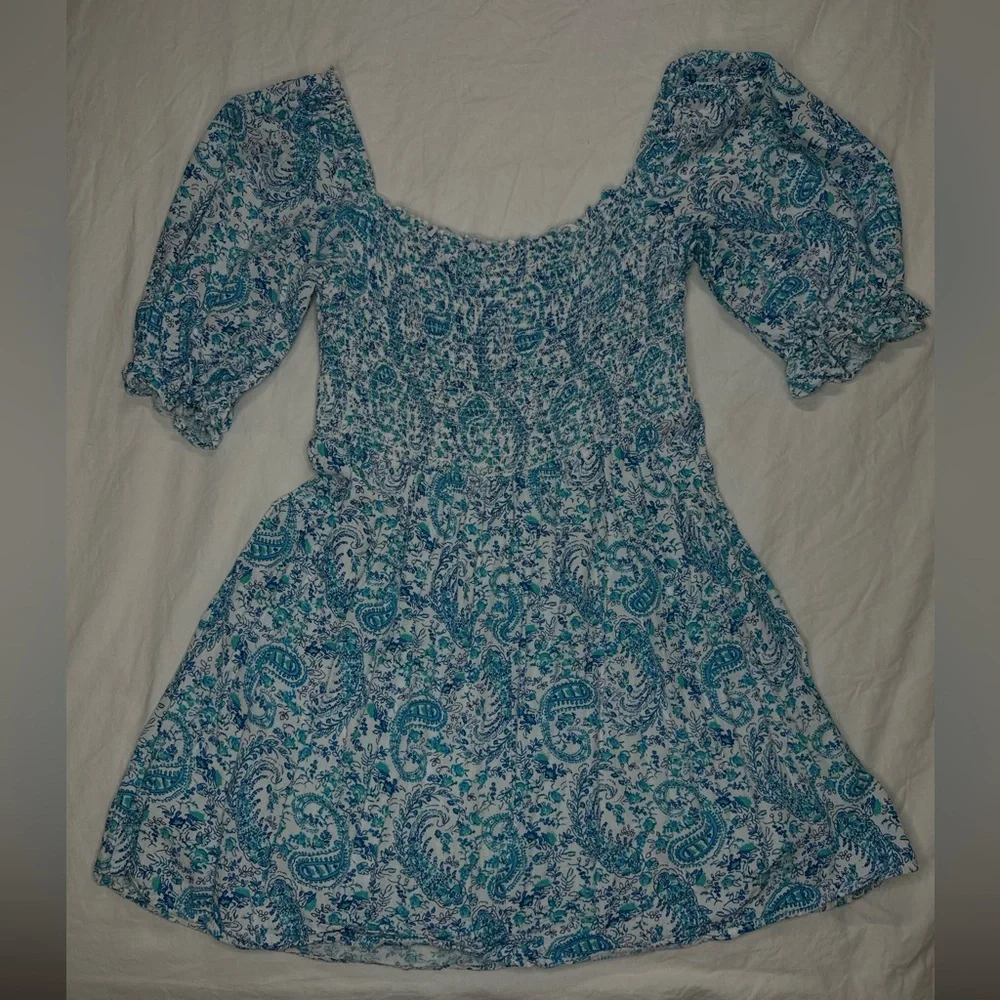 City Studio Blue Paisley Print Puff Sleeve Smocked Mini Dress - Teen Size M